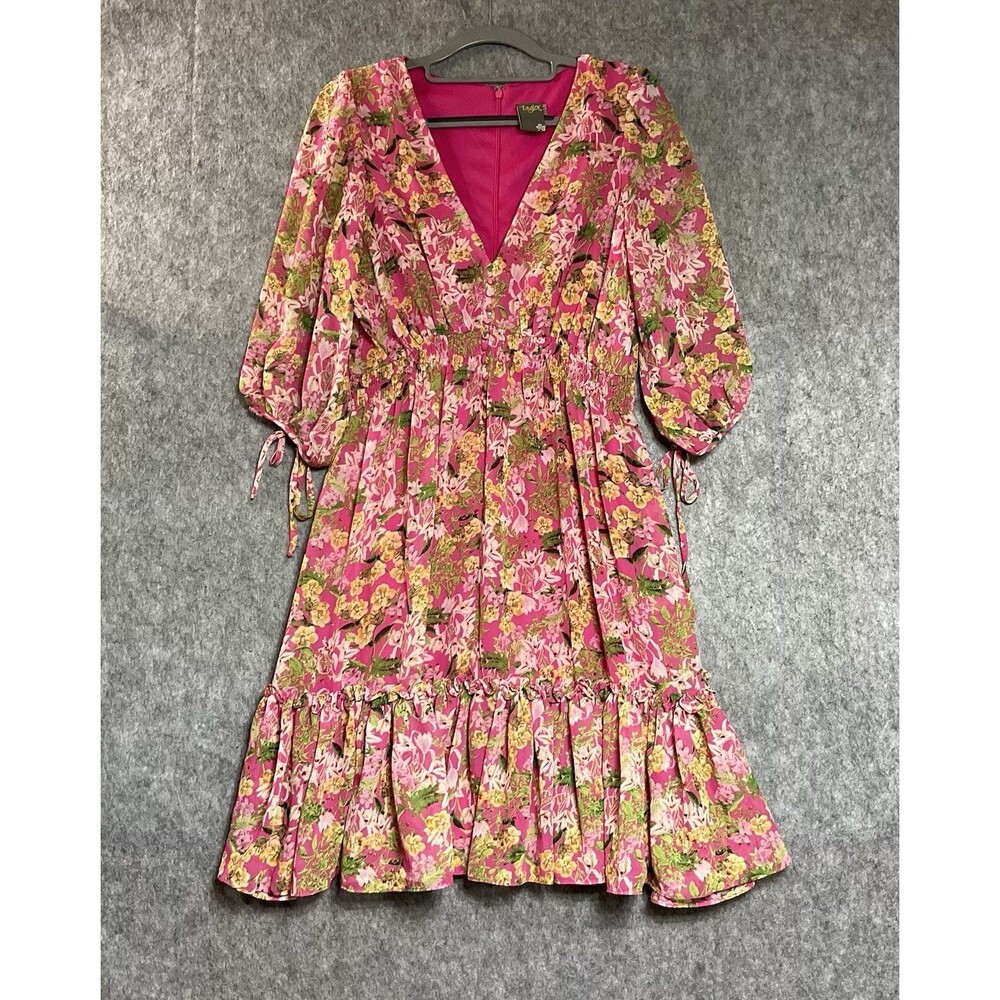 Taylor Dress Womens M Pink Floral Chiffon Smocked Fit & Flare Ruffle Puff Sleeve
